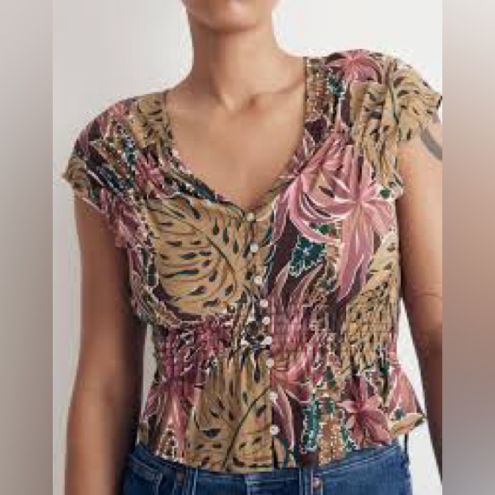 Madewell Green Tan Ruched Cap Sleeve Blouse Size XXS‎ NWT